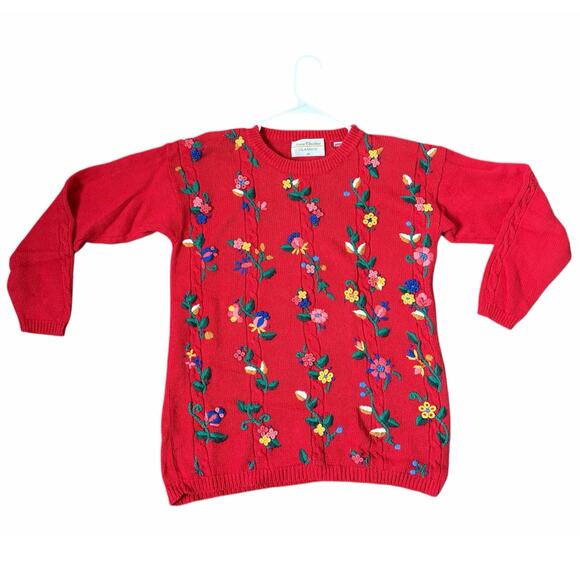 VTG Unique Marissa Christina Cottagecore Red Floral Embroidered Knit Sweater- M - Picture 1 of 10